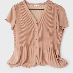 Pleione Tan Pleated Button-Down Blouse Medium NWOT Minimalist